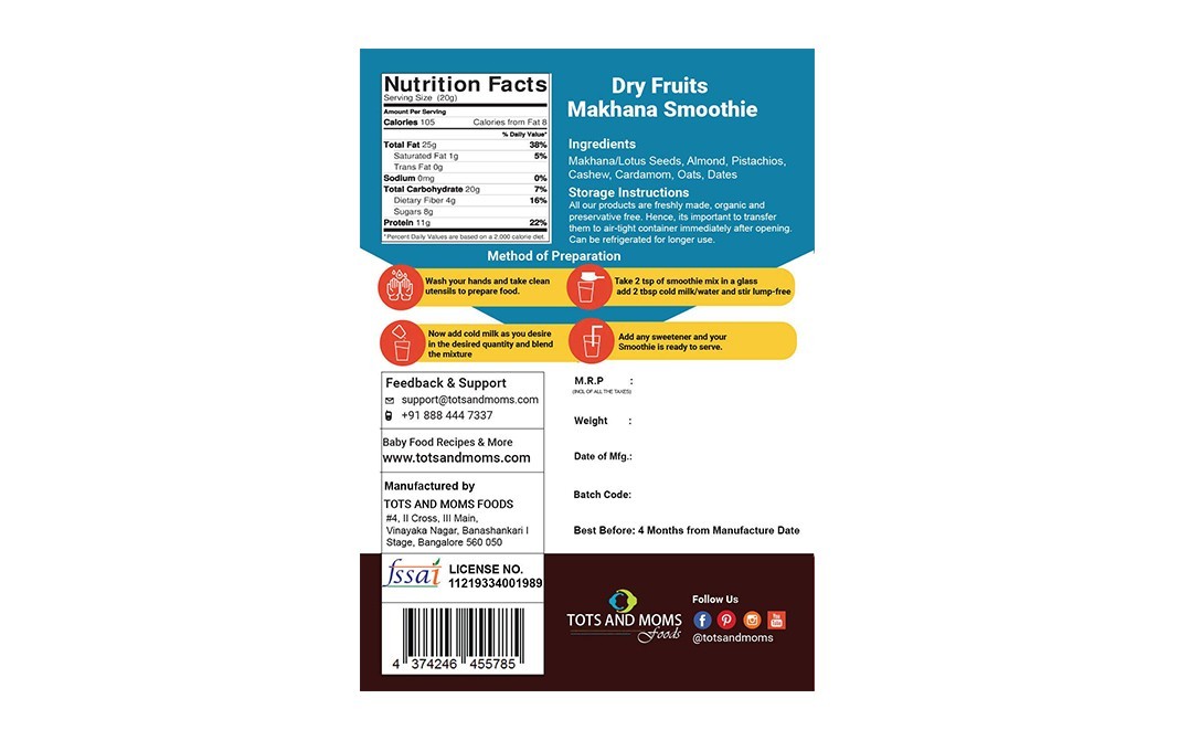 Tots And Moms Foods Dry Fruits Makhana Smoothie   Pack  100 grams